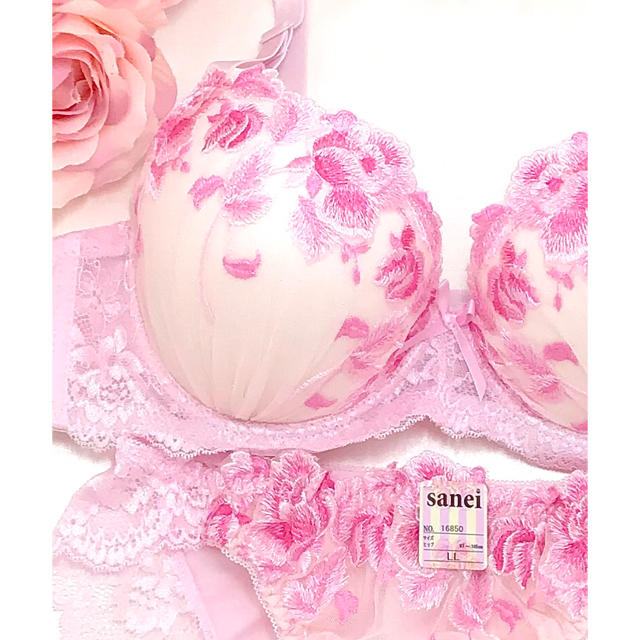 ブラジャーショーツ F85 ピンクの花柄刺繍が可愛い♡ レディースの下着/アンダーウェア(ブラ&ショーツセット)の商品写真