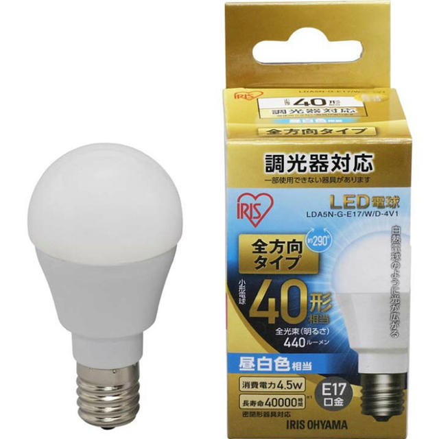 アイリスオーヤマ(アイリスオーヤマ)の【新品】IRIS OHYAM LED電球 40形 昼白色 E17口金 インテリア/住まい/日用品のライト/照明/LED(蛍光灯/電球)の商品写真