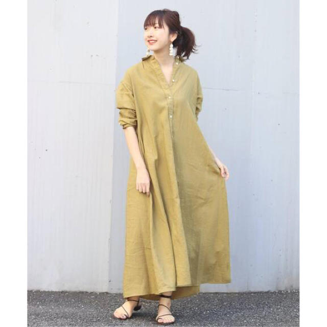 Plage Linen Flared ワンピース　カーキ　シャツワンピース