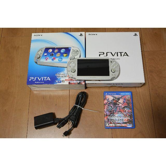 SONY(ソニー)のPlayStation Vita wi-fiモデル　アイスシルバー PSO２同梱 エンタメ/ホビーのゲームソフト/ゲーム機本体(携帯用ゲーム機本体)の商品写真