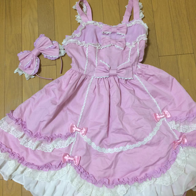 【アンプリ】ピンク ジャンパースカート リボンカチューシャ セット
