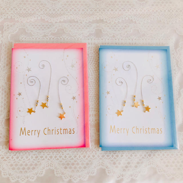 【新品】クリスマスカード ピンク ブルー ハンドメイドの文具/ステーショナリー(カード/レター/ラッピング)の商品写真