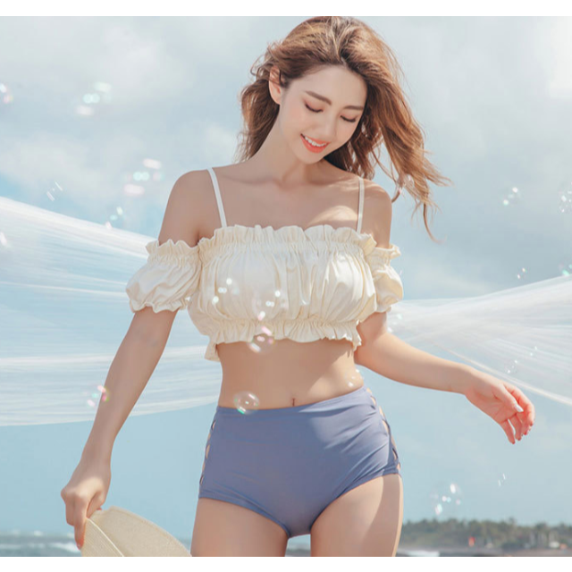 M ブルー 水着 レディース 体型カバー かわいい オフショルダー シフォン 水着 L ブルー 水着 レディース 体型カバー かわいい オフショルダー シフォン
