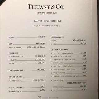 ティファニー(Tiffany & Co.)のTiffany＆Co.【0.24ct】元値：約75万/特別な方へ/自分へのご褒美(リング(指輪))