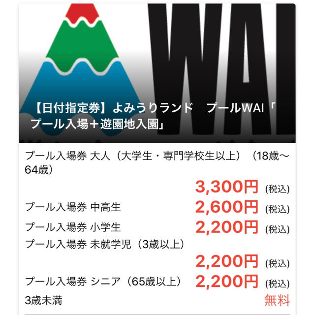 よみうりランドプール＋遊園地 8月15日日付指定大人2名プール