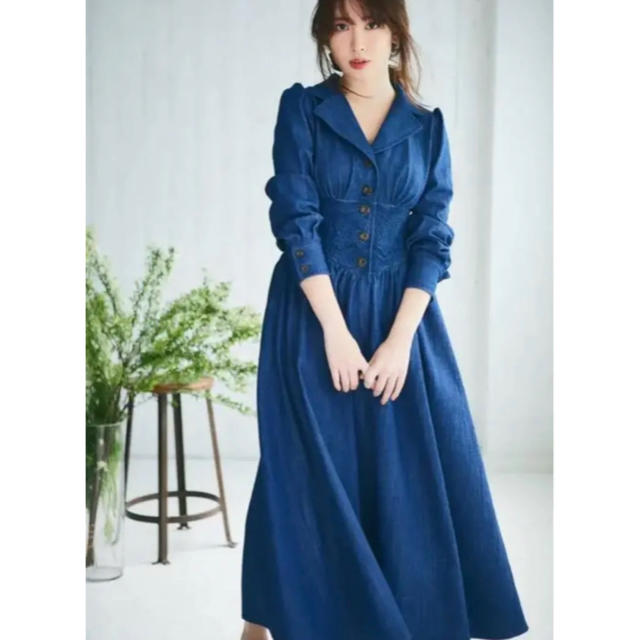 Her lip to Lace Belted Denim Dress Blue