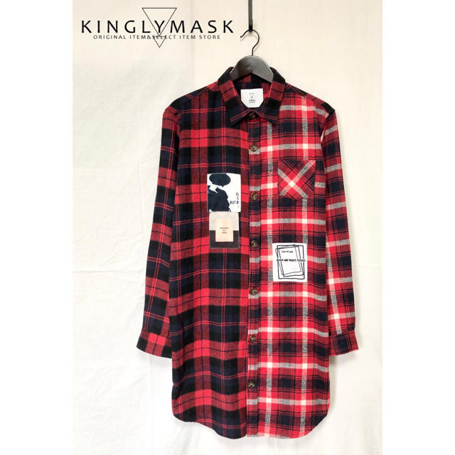 KMK KINGLYMASK  ワッペン アシンメトリー チェック ロングシャツ