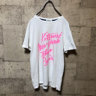 メゾンキツネ(MAISON KITSUNE')のメゾンキツネ　Tシャツ　ロゴ　蛍光ピンク　ホワイト(Tシャツ(半袖/袖なし))