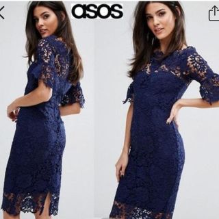 エイソス(asos)のASOS オフショルダーレースドレス ネイビー(ひざ丈ワンピース)