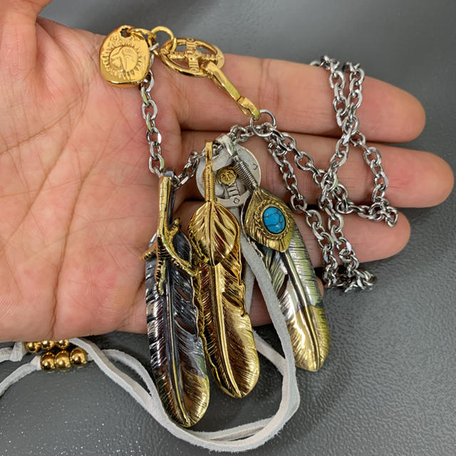 シルバー925 フェザーネックレス 金フェザー ターコイズフェザー 金爪