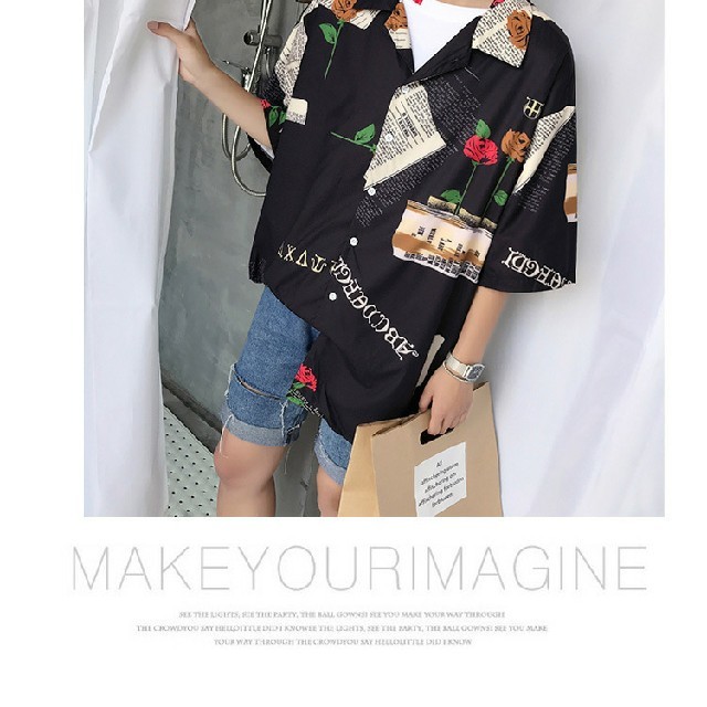 韓国ファッション オルチャン 薔薇 黒 シャツ メンズのトップス(Tシャツ/カットソー(半袖/袖なし))の商品写真