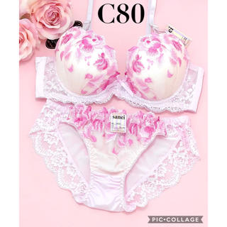 ブラジャー＆ショーツ♡C80 ピンクの花柄刺繍が可愛い♡(ブラ&ショーツセット)