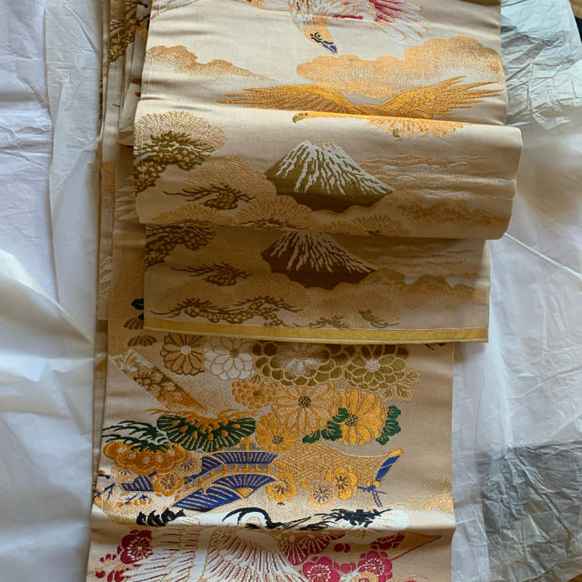 値下げ礼装用　しつけ付き丸帯　金蘭　刺繍　リバーシブル　鶴　富士山
