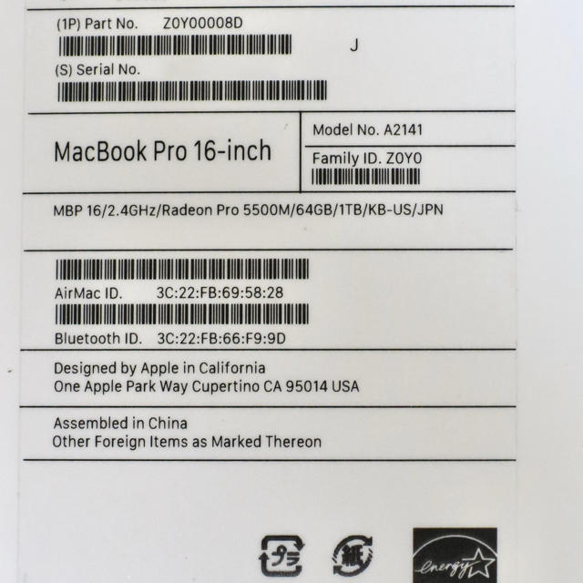 CTO MacBookPro16 i9 64 SSD1TB