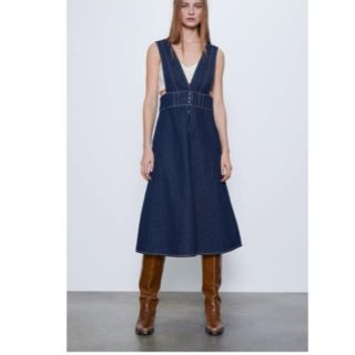 ザラ(ZARA)の【最終値下げ】ZARAボタンアップ仕様デニムジャンパースカート　XLサイズ(ひざ丈ワンピース)