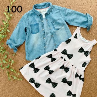 ザラキッズ(ZARA KIDS)の【みーちゃん様専用】ダンガリーシャツ＊リボン柄ワンピース 100 女の子(ブラウス)