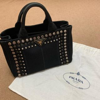 プラダ(PRADA)のPRADAビジュー付きカナパ ミニ トートバッグ スタッズ キャンパス(ハンドバッグ)