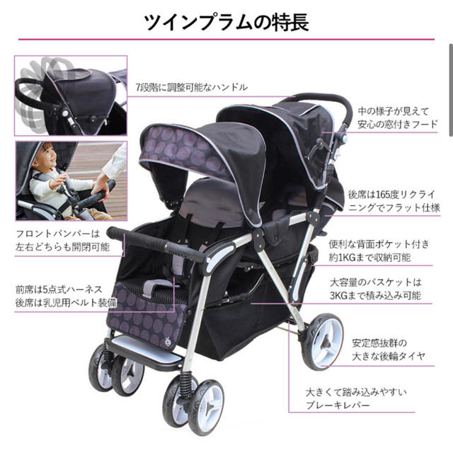 縦型二人乗り　ベビーカー Twin Pram ツインプラム ランダムドット