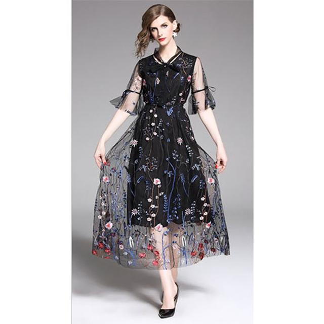 ボウタイリボン 半袖 総レース メッシュ 花柄シフォン ロング