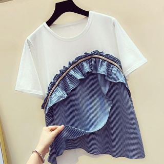 ★オシャレゆったり可愛いストライプ切り替えランドネックトップス(Tシャツ(半袖/袖なし))