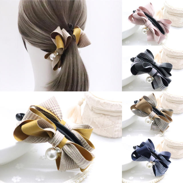 高品質[H102]④ ヘアクリップヘアアレンジ バナナクリップ リボン ブラック レディースのヘアアクセサリー(バレッタ/ヘアクリップ)の商品写真