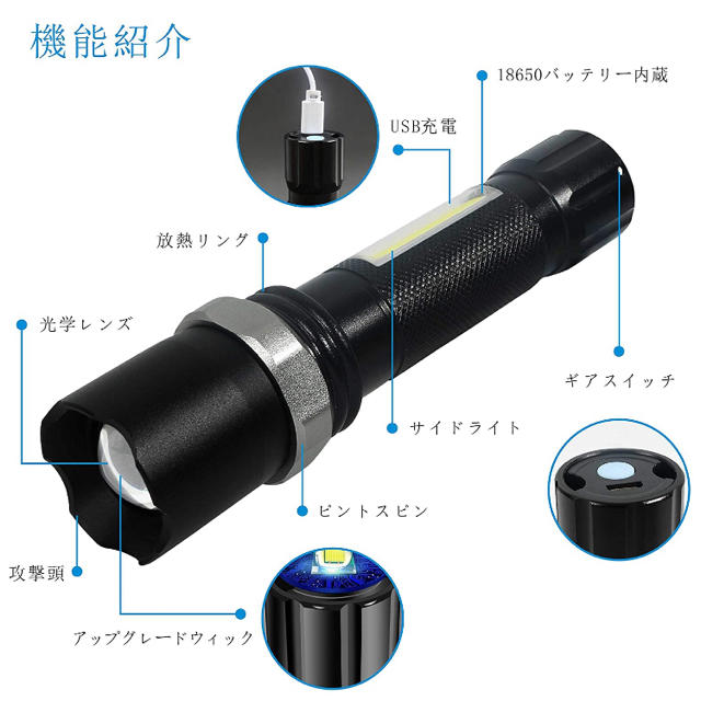 新品 LED充電式USB小型懐中電灯、内蔵1200mAh長持ち、3段階調光 スポーツ/アウトドアのアウトドア(ライト/ランタン)の商品写真