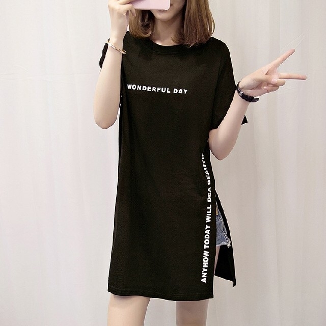 新品　レディース　トップス　半袖　黒　ミニ　ワンピース　M　韓国 レディースのトップス(Tシャツ(半袖/袖なし))の商品写真