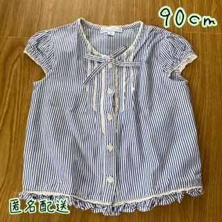 マザウェイズ(motherways)のマザウェイズ リボン付きブルーストライプ ブラウス 90cm(Tシャツ/カットソー)