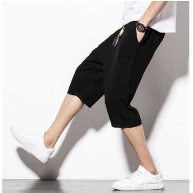 ブラック 黒 メンズ ハーフパンツ ショートパンツ サルエル 七分丈 半ズボン レディースのパンツ(サルエルパンツ)の商品写真