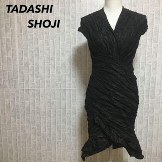 タダシショウジ(TADASHI SHOJI)のタダシショージ カシュクール ドレープ フリル ワンピース ドレス 黒(ひざ丈ワンピース)