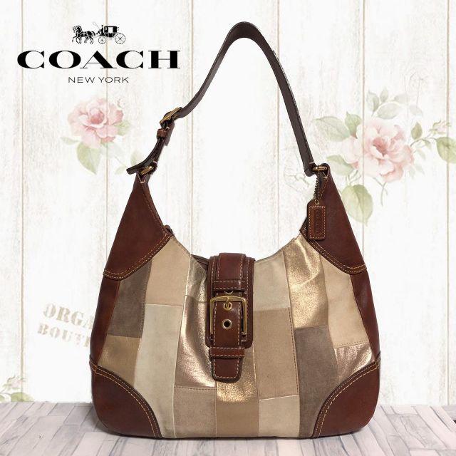 COACH　ハンドバッグ　船型　パッチワーク ブラウン　ゴールド