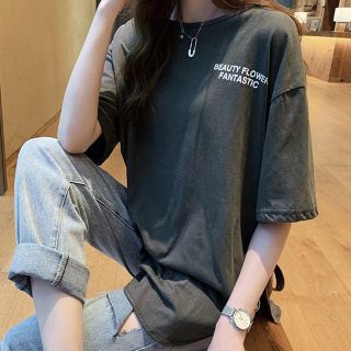 ロングＴシャツ レディース ゆったり カットソー サイドスリット Ｔシャツ 英字(カットソー(長袖/七分))