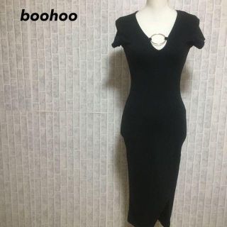 ブーフー(boohoo)の【新品タグ付き】ブーフー スリット Ｖネック タイトワンピース 黒／ブラック(ひざ丈ワンピース)