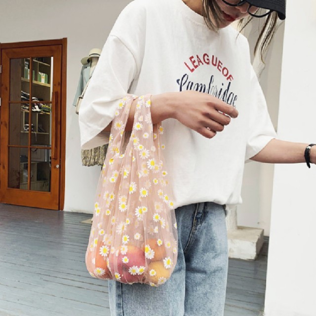 値下げ　オーガンジーエコバッグ花柄ピンク レディースのバッグ(エコバッグ)の商品写真