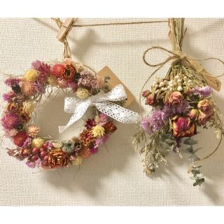 ドライフラワー スワッグとリースの2点セット❁¨̮ ピンク 薔薇 千日紅 花束♪(ドライフラワー)