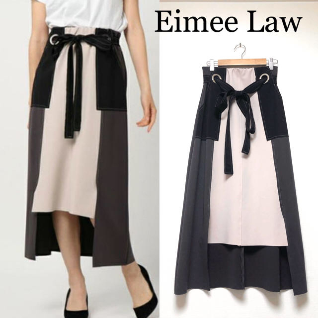 秋におすすめ♪ EimeeLaw前リボン配色ステッチタイトスカート エイミーロウ レディースのスカート(ロングスカート)の商品写真