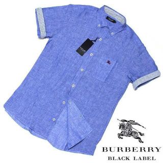 バーバリーブラックレーベル(BURBERRY BLACK LABEL)の新品バーバリーブラックレーベル リネン ストライプ 半袖シャツ ブルー2(M)(シャツ)