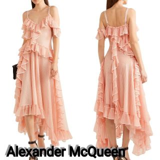 【Alexander McQueen】ラッフル付き シルク ミディワンピース(ミディアムドレス)