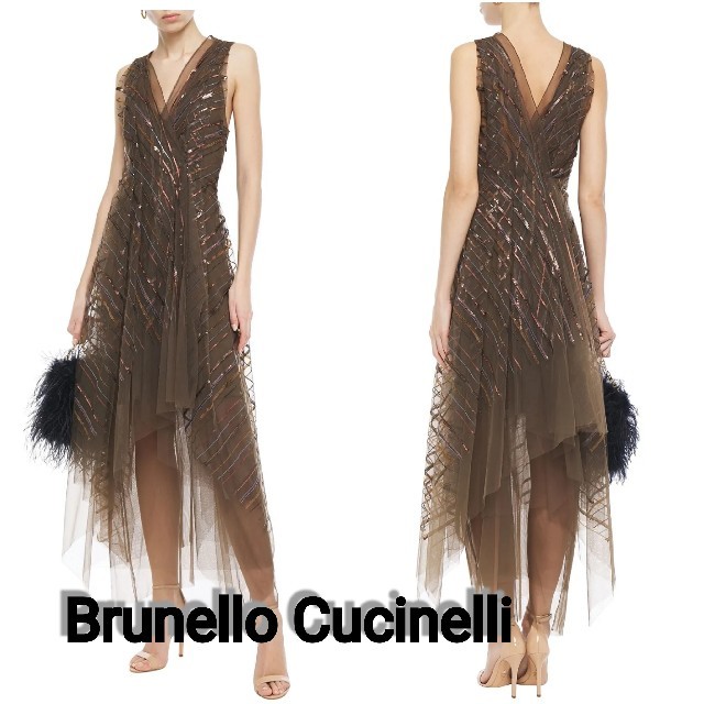 BRUNELLO CUCINELLI(ブルネロクチネリ)のBrunello Cucinelliスパンコール チュール ミディワンピース レディースのフォーマル/ドレス(ミディアムドレス)の商品写真