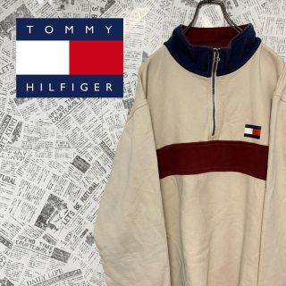 トミーヒルフィガー(TOMMY HILFIGER)の90s トミーヒルフィガー ハーフジップスウェット ワンポイントロゴ ベージュ(スウェット)