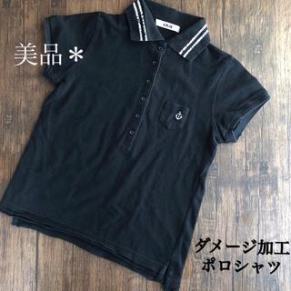 J.K.G   マリン ポロシャツ  半袖 黒　M(ポロシャツ)