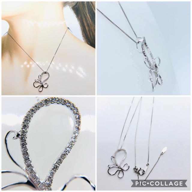 未使用 K18WG 蝶モチーフ ダイヤモンド付きネックレス D:0.18ct