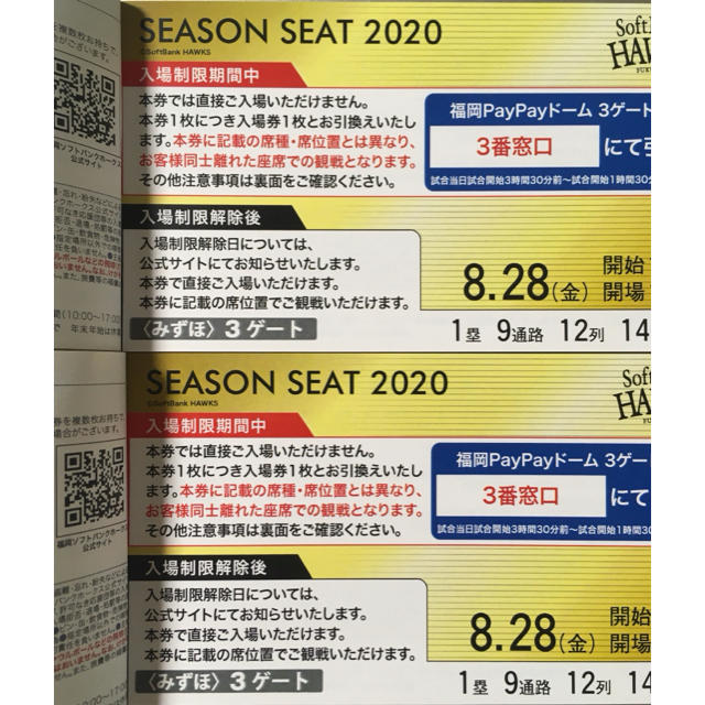 ５月２８日（日）ホークス vs ロッテ B指定席一塁側通路側ペア