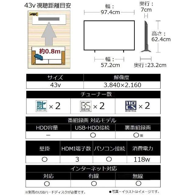 箱無し43V型4Kテレビ 2画面分割/ネット接続可 TH-43FX500 スマホ/家電/カメラのテレビ/映像機器(テレビ)の商品写真