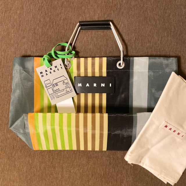 MARNI トートバッグ　ストライプバッグミニ　マルチグレー保存袋素材