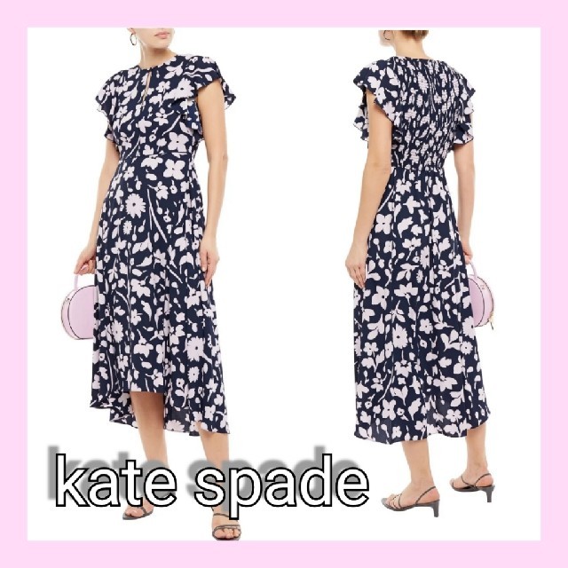 ひざ丈ワンピース【kate spade】シャーリング入りラッフル付き フローラルプリント ワンピ