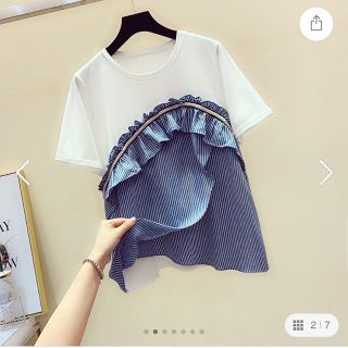 ★オシャレゆったり可愛いストライプ切り替えランドネックトップス(Tシャツ(半袖/袖なし))