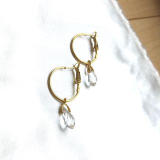 新品　ガラスクリスタル　2way リングピアス　イエローゴールド　20mm(ピアス)