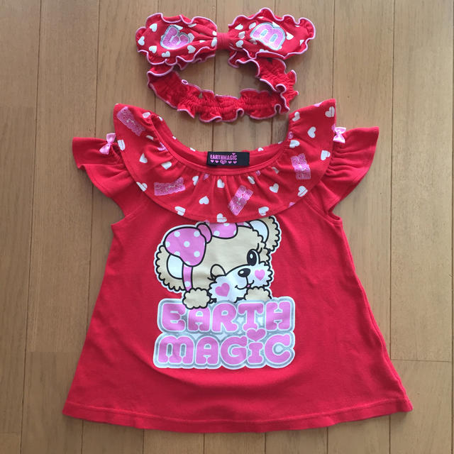 EARTHMAGIC(アースマジック)のオフショルTシャツ & うさみみカチューム キッズ/ベビー/マタニティのキッズ服女の子用(90cm~)(Tシャツ/カットソー)の商品写真