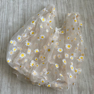 エコバッグ　白　オーガンジー　シースルー　韓国　デイジー　フラワープリント　花柄(エコバッグ)